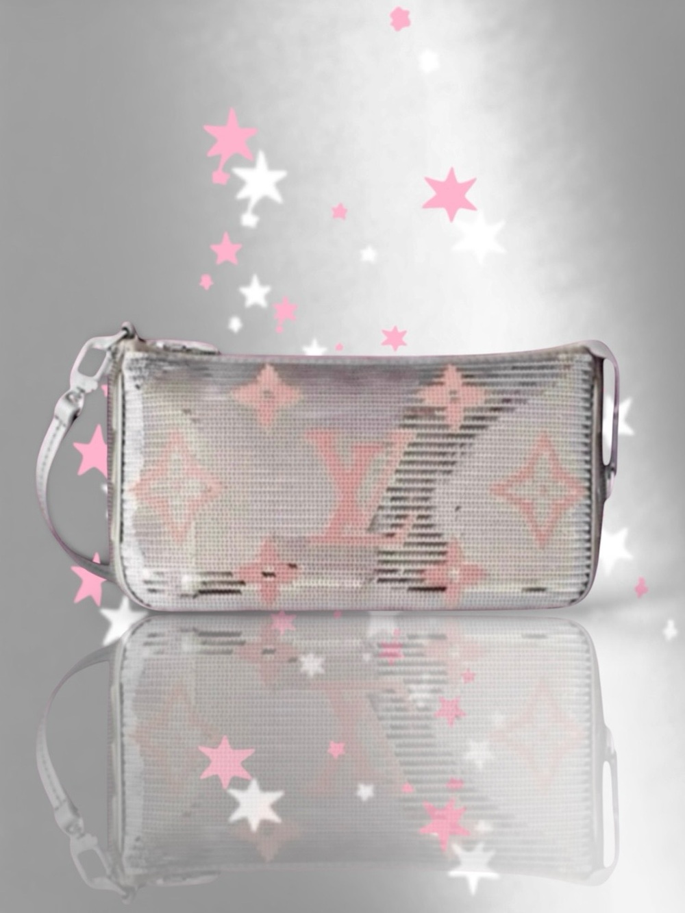 🆕💗LOUIS VUITTON Pochette Accessoires SILVER & PINK Sequins PINK 'LV' Logo Ltd Ed